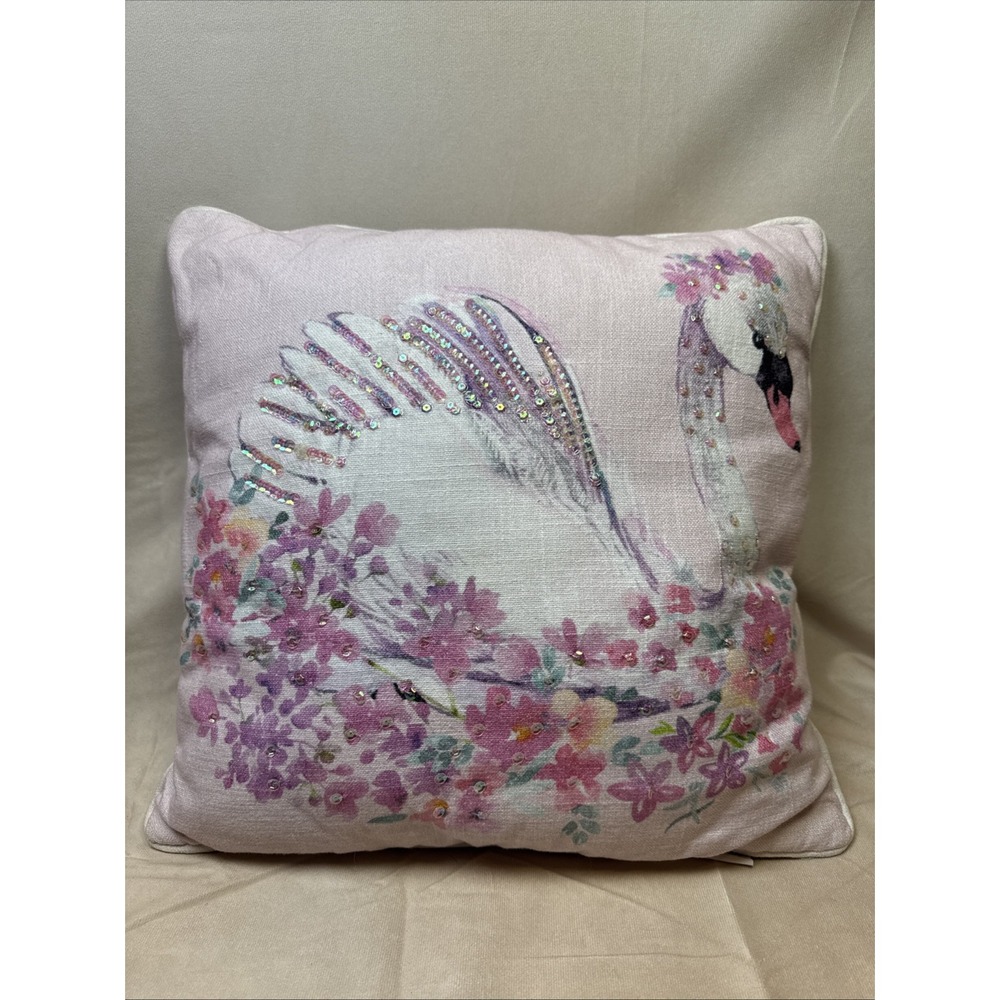 Envogue Kid Spring Floral Swan Sequin pink Easter 17x17 Decorative Accent Pillow